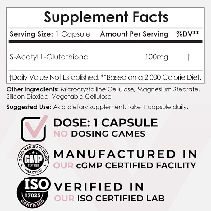 S-Acetyl L-Glutathione Capsules | 100mg | 180 Count | High Bioavailabliity Glutathione | Nootropics Depot