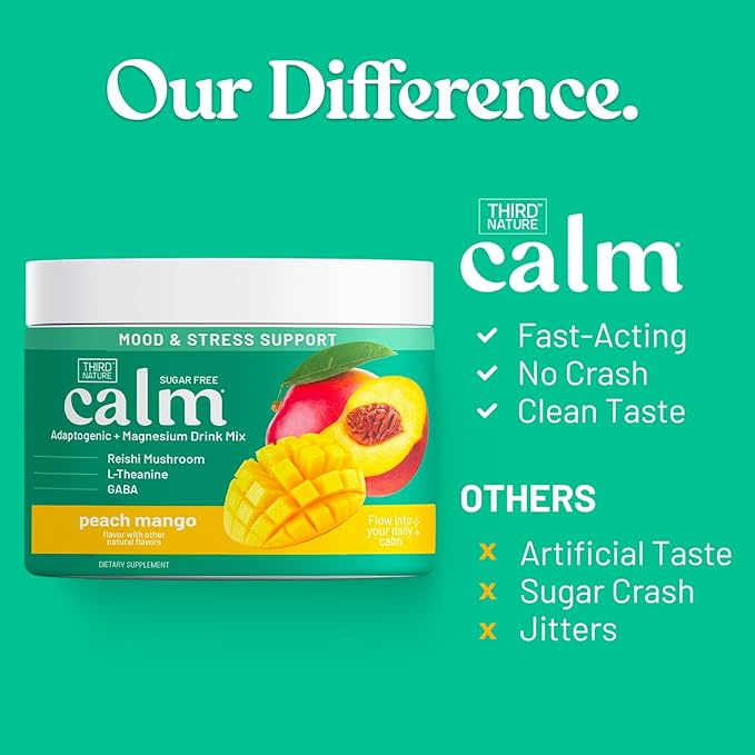 Third Nature Calming Drink Powder Jar with Magnesium Glycinate GABA L-Theanine &amp Reishi Mushroom - Adaptogenic Sugar Free Blend - Third Party Tested Non-GMO - Peach Mango Flavor - 30 Servings