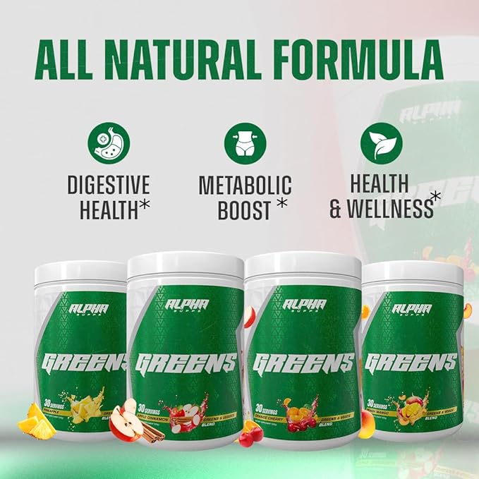 Alpha Supps - Alpha Greens Supplement | Fruit &amp Vegetable Superfood Powder | Over 40 Natural Plant Based Ingredients | Prebiotic &amp Probiotic Digestive Support Blend - 30 Servings (Orange Cherr