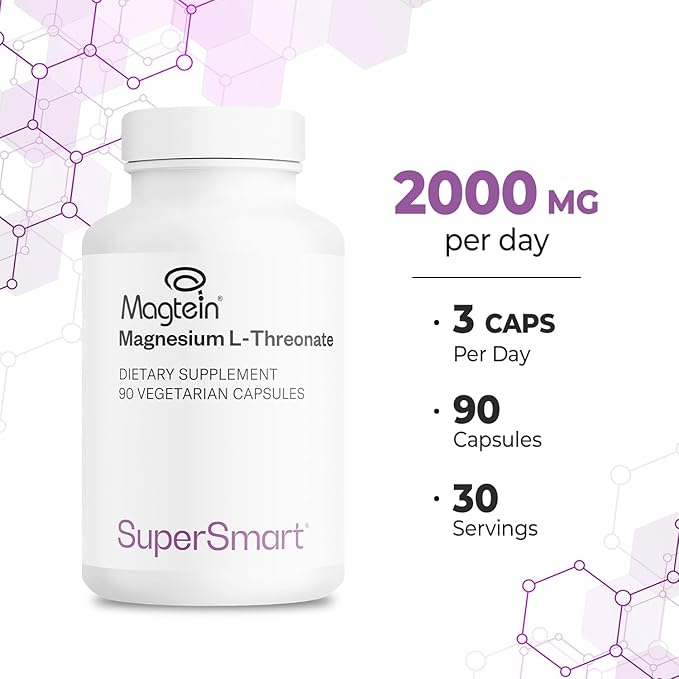 SuperSmart Magnesium L-Threonate 2000mg per Day (Patented Magtein) - Highly Bioavailable Magnesium Threonate - Brain Supplement | Non-GMO &amp Gluten Free - 120 Vegetarian Capsules