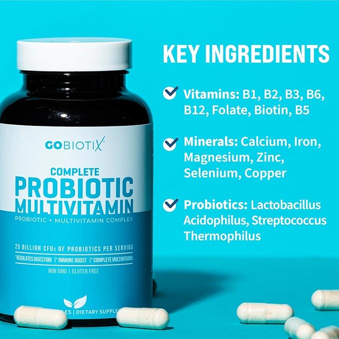 GOBIOTIX Multivitamin with Probiotics and Digestive Enzymes - 25 Billion CFU - Digestive Health Probiotics for Women and Men - Gluten Free Pills - 90 Capsules