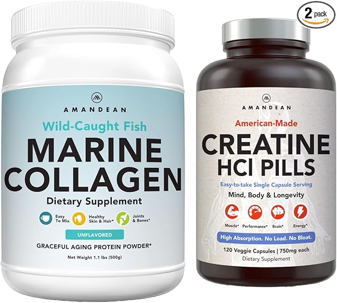 AMANDEAN Premium Creatine HCl &amp Marine Collagen Bundle. USA-Made CON-CRET. 7X Concentrated. Wild-Caught Hydrolyzed Fish Collagen Protein. Anti-Aging. Support Recovery &amp Lean Muscle. Healthy Sk