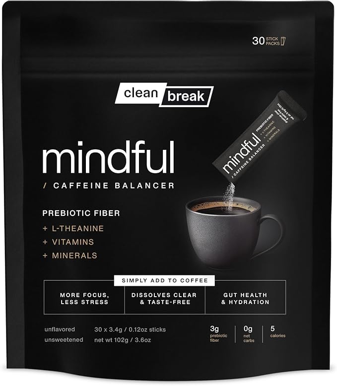 Mindful Tasteless Prebiotic Fiber for Your Coffee - Enhanced with L-Theanine Magnesium B Vitamins - Dissolves Clear &amp Taste-Free - Unflavored Unsweetened (30 Count)