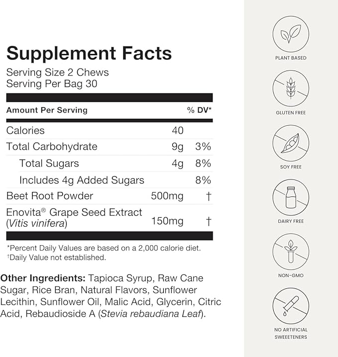 Beet Root Heart Chews Nitric Oxide and Blood Pressure Support Grape Seed Extract &amp Non-GMO Beet Root Powder Energy Supplement Pomegranate Berry Flavor 60 Count