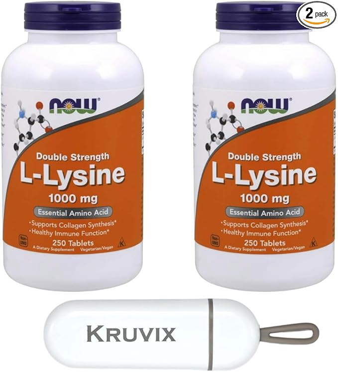 NOW Foods Supplements L-Lysine (L-Lysine Hydrochloride) 1000 mg | Double Strength Amino Acid | 250 Tablets - Pack of 2 with Pill Organizer