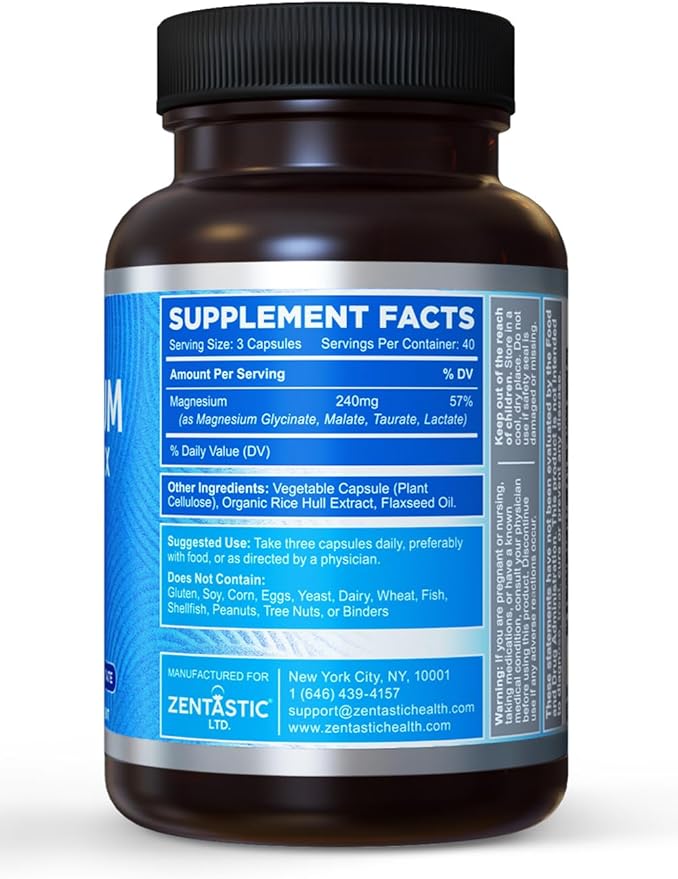 Zentastic Magnesium Complex - 600 Magnesium Capsules - Chelated Magnesium Glycinate Malate Taurate &amp Lactate - Support Bones Muscles