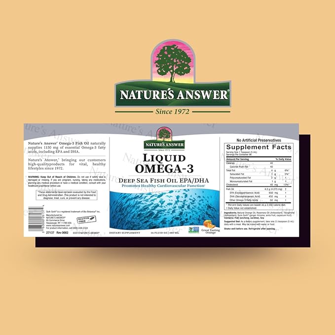 Nature's Answer Liquid Omega-3 | Deep Sea Fish Oil with EPA/DHA Dietary Supplement | Cardiovascular Support | No Preservatives &amp Gluten-Free 16oz