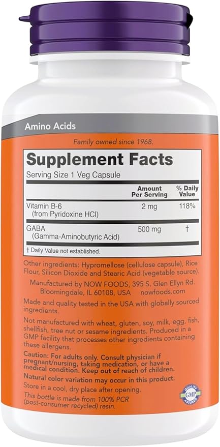 Now Supplements GABA 500 mg Capsules Premium GABA Supplement for Stress Relief Vegetarian Vegan and Kosher Friendly Ideal for Balanced Brain Function* 300 Capsules