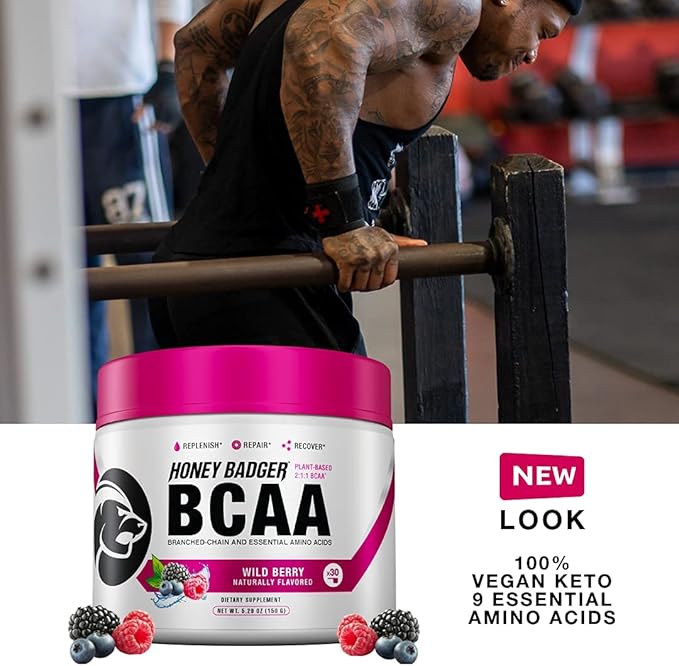 Honey Badger Pre Workout Powder &amp BCAA Amino Acids Powder Bundle | Beta Alanine Caffeine &amp Vitamin C + Electrolytes | Vegan Keto Sugar Free &amp Paleo for Men &amp Women | 30 Servings (Wild