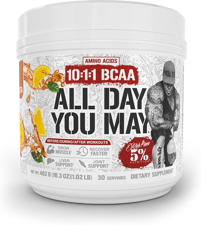 5% Nutrition Rich Piana AllDayYouMay BCAA Powder Premium Intra &amp Post Workout Amino Acids Hydration Endurance Muscle Recovery Joint &amp Liver | 16.3 oz 30 Srvgs (Southern Sweet Tea)