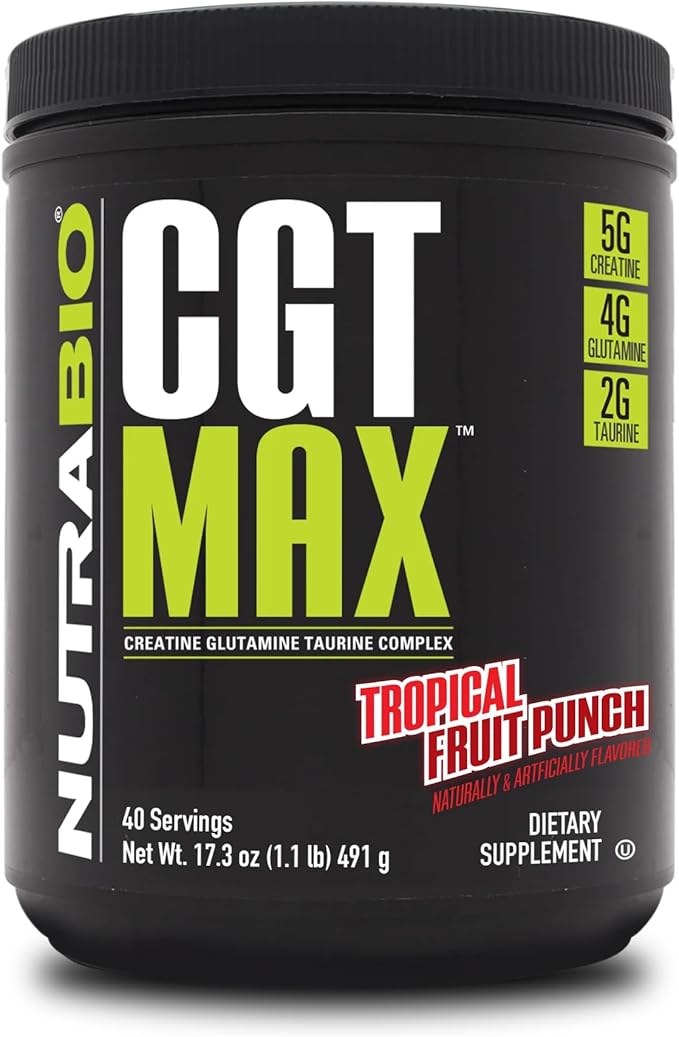 NutraBio CGT-MAX Powder- Creatine Glutamine and Taurine to Support Muscle Recovery and Strength - 40 Servings - Tropical Fruit Punch…