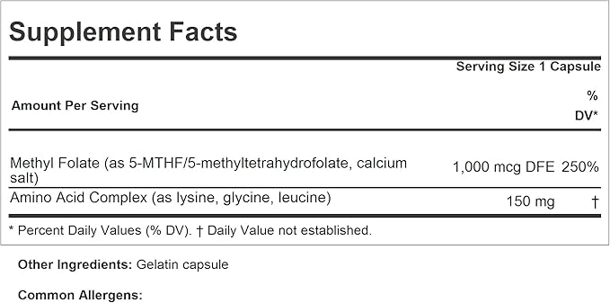 ANDREW LESSMAN Methyl Folate 1000mg - 120 Capsules - 1000 mcg L-Methyl Folate Potent Levels of Essential Vitamin B9. Supports Healthy Heart Brain Immune and Pregnancy. Easy to Swallow Capsules