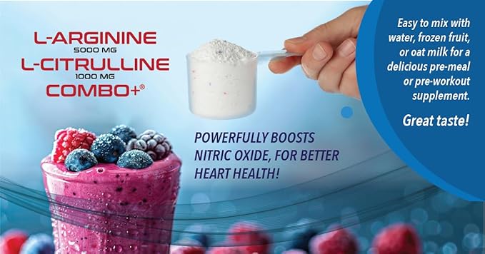 L-Arginine 5000mg &amp L-Citrulline 1000mg Combo+® - Mixed Berry 30 Servings 390g Nitric Oxide Booster Drink Mix Powder - CoQ10 &amp Organic Beet Root - High Potency Heart &amp Circulation Suppor
