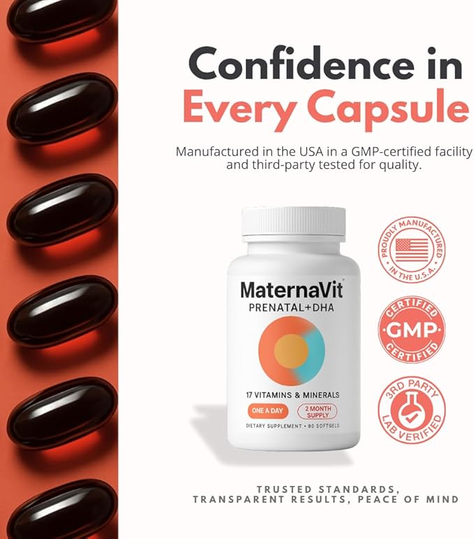 MaternaVit 1 a day Prenatal vitamins for women 2 month: Folic acid Fish Oil Omega 3 DHA/EPA Vitamin D3 B6 Vitmain B12 C E Calcium Iron Magnesium Zinc supplement FSA eligble multivitamin