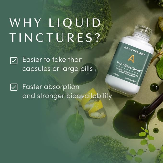 Apothékary Your Wildest Greens Herbal Liquid Drops All-in-One Daily Superfood Supplement Vitamin &amp Mineral Support 5X Potency of Greens Powders Sugar Free Calorie Free (15 Servings) 1.22oz