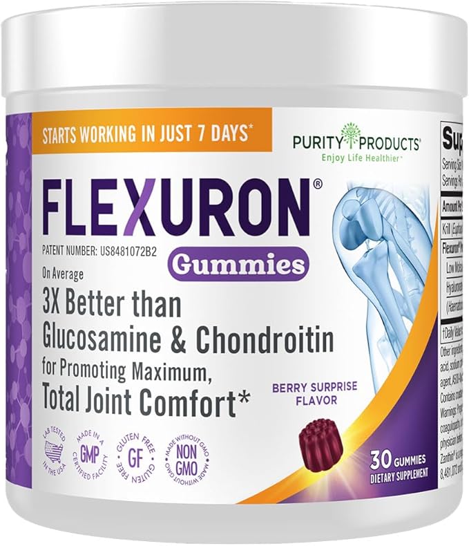 Purity Products Flexuron Gummies Joint Formula 3X Better Than Glucosamine and Chondroitin - Starts Working in just 7 Days - Krill Oil Low Molecular Weight Hyaluronic Acid Astaxanthin - 30 Ct (1)