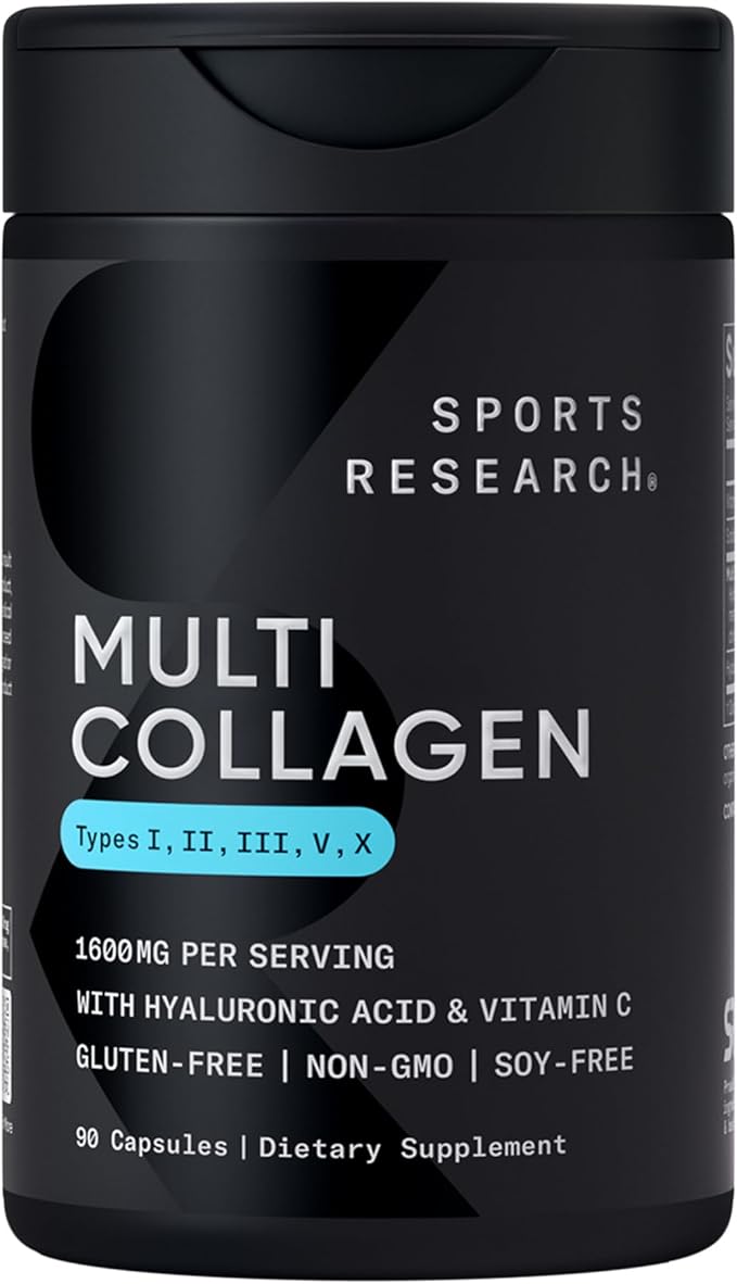 Sports Research® Supplements Pack - Creatine Monohydrate Capsules + Triple Strength Omega 3 Fish Oil + Multi Collagen Peptides (Type I II III V X) Enhanced with Hyaluronic Acid &amp Vitamin C