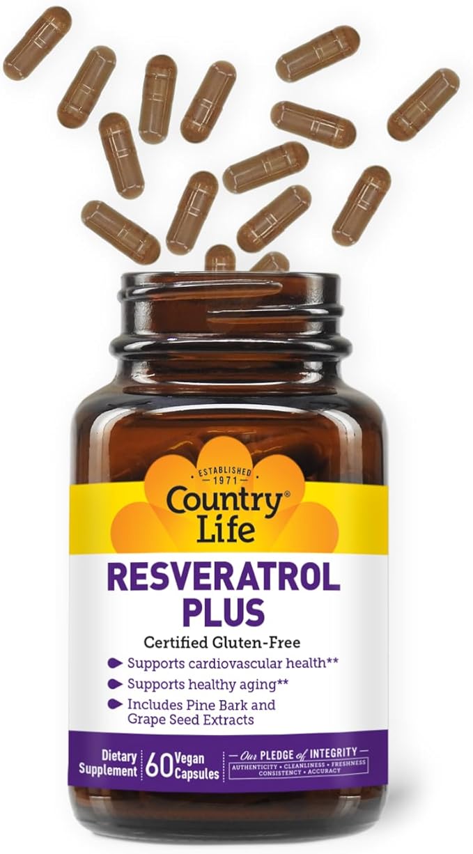 Country Life Resveratrol Plus 1000mg - Organic Antioxidant Supplement with Pine Bark &amp Grape Seed Extracts - Vegan Gluten-Free Non-GMO