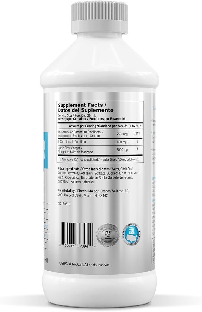 Yes You Can! Extra Strength Liquid Fat Burner - Accelerate Metabolism Natural Ingredients - L-Carnitine Chromium Apple Cider Vinegar Lemon Juice (4 Bottles)