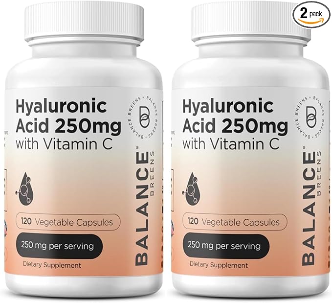 Pure Hyaluronic Acid Supplement 250mg with Vitamin C 50mg 120 Vegan Capsules - Skin Hydration for Natural Glow Hair Nails Bone &amp Joint Health Formula