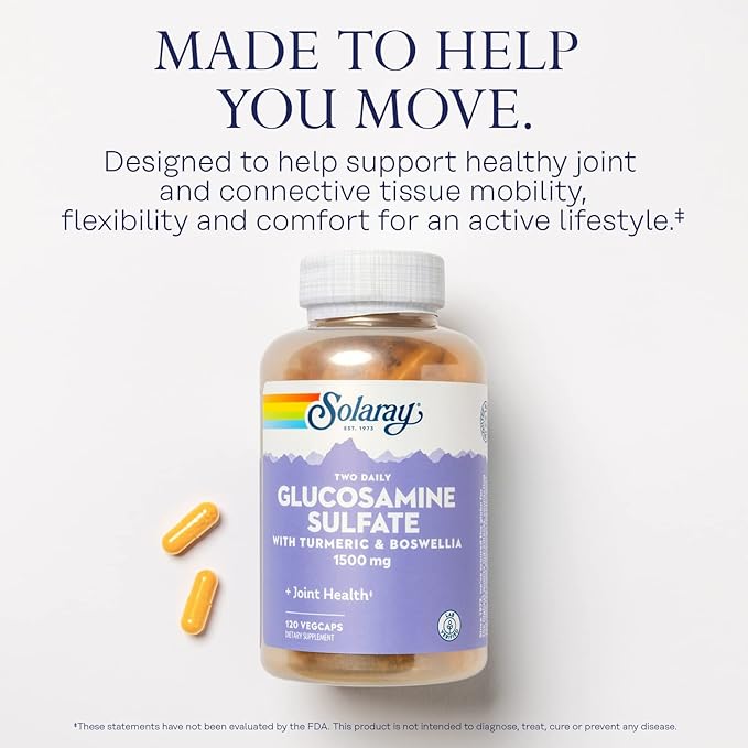 SOLARAY Glucosamine Sulfate 1500mg Healthy Joint Support Supplement Powerful Connective Tissue and Joint Health Formula with Turmeric &amp Boswellia 60-Day Money Back Guarantee 60 Serv 120 VegCa