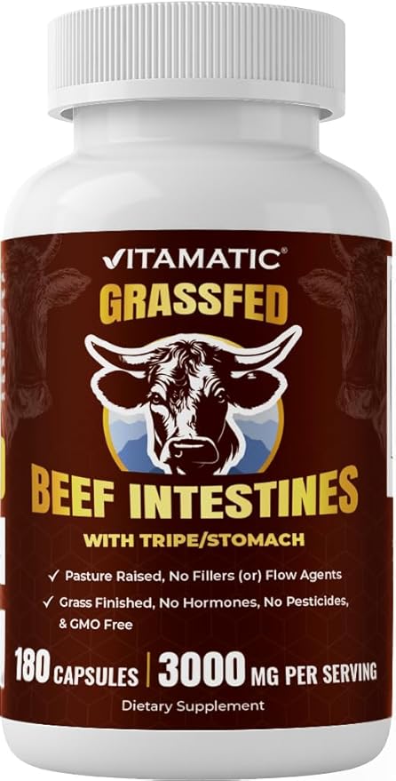 Vitamatic Grass-Fed Beef Intestines + Tripe/Stomach 180 Capsules – Freeze-Dried Non-GMO Bovine Liver Supplement – Pasture-Raised Glandular-Based Formula