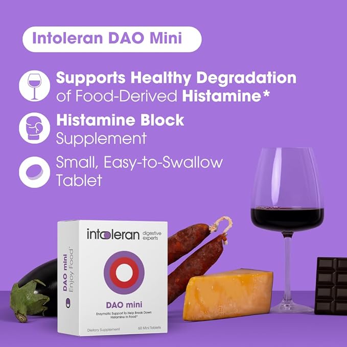 Intoleran DAO Mini Digestive Enzymes - 60 Tablets | Supplement for Histamine Intolerance &amp DAO Deficiency | Healthy Histamine Levels | 30000 HDU Pure Diamine Oxidase (DAO) Enzyme | Coated