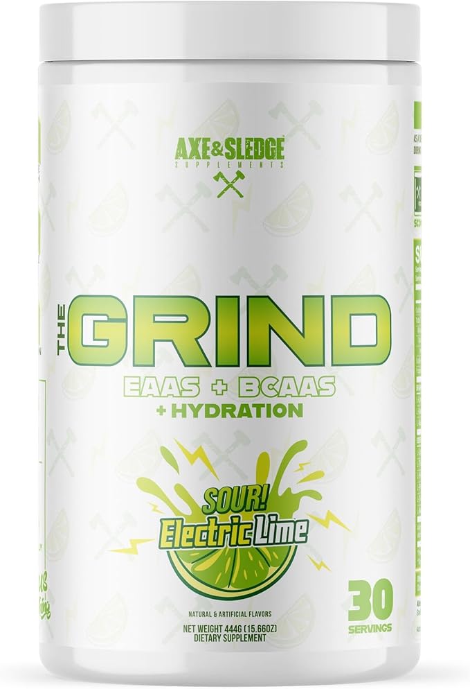 Axe &amp Sledge The Grind Essential Amino Acids |EAA &amp BCAA Powder |Muscle Recovery &amp Electrolytes for Hydration | Stimulant-Free Vegan | 30 Servings Sour Electric Lime