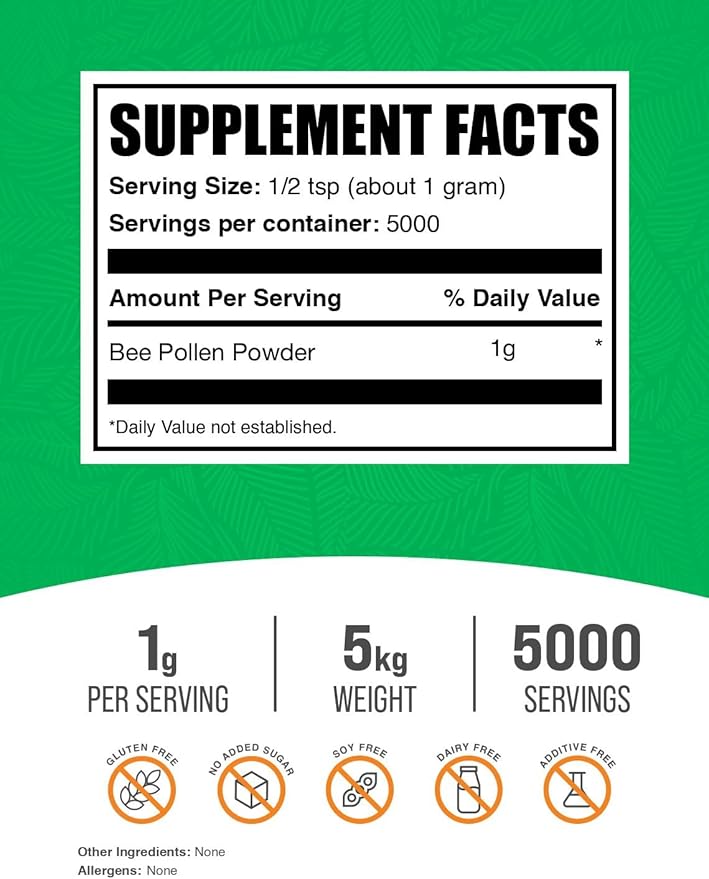 BulkSupplements.com Bee Pollen Powder - Superfood Supplement Bee Pollen Supplement for Immune Support - Gluten Free 1g per Serving 1kg (Pack of 5) (11 lbs)