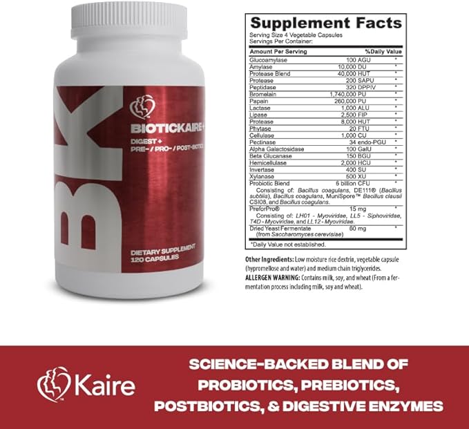 Kaire BioticKaire+ Multi-Action Digestive Enzymes – Probiotics Prebiotics Postbiotics &amp Enzymes – Daily Wellness for Health &amp Support Supplement (120 Capsules)
