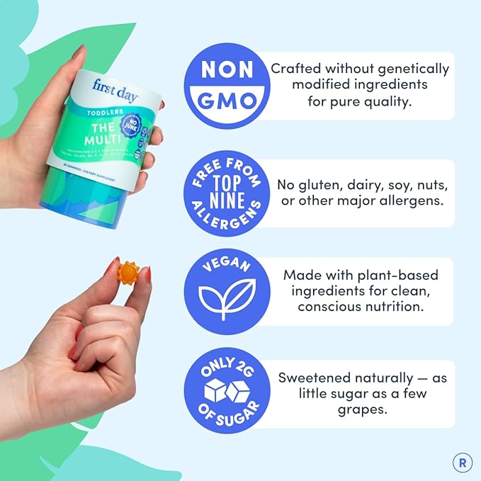FIRST DAY Toddler Multivitamin Gummies (Ages 2-3)| Kids Multivitamin Gummies with Vitamins A C D3 B2 B12 Choline Folate and 21 Organic Superfoods| (30 Day Supply)