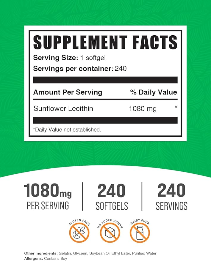 BulkSupplements.com Sunflower Lecithin Softgels - Lecithin Supplement Sunflower Lecithin 1080mg - Vitality Support Gluten 1 Softgel per Serving 240 Count (Pack of 1)