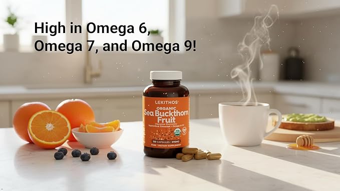 Organic Sea Buckthorn Capsules | Organic Omega 6-7-9 Complex | 1125mg Per Serving | Supports Skin Barrier and Inflammatory Response | USDA Organic Vegan Non-GMO Gluten-Free | 120 Capsules