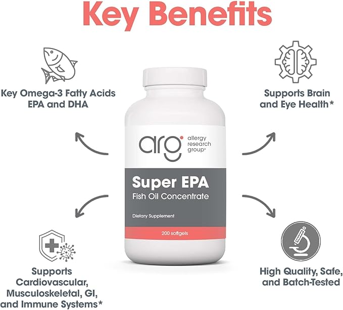 Allergy Research Group Super EPA - Omega 3 Supplement Fish Oil Concentrate EPA DHA Omega 3 Fatty Acids Sustainably-Sourced Anchovies Softgels - 200 Count