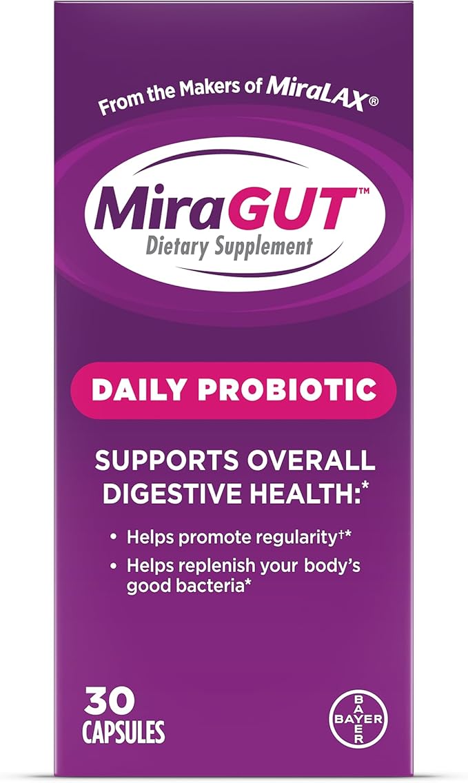 from The Makers of MiraLAX MiraGUT Daily Probiotic Probiotics for Digestive Health Gluten-Free Supplement Probiotic for Women and Men Support Overall Digestive Health 30 Ct
