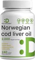 Wild Caught Cod Liver Oil 2000mg Per Serving 240 Softgels – Extra Strength EPA DHA Omega 3 with Vitamin D &amp A – Burpless Lemon Flavored – Vision Heart Brain &amp Immune Support