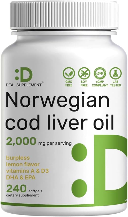 Wild Caught Cod Liver Oil 2000mg Per Serving 240 Softgels – Extra Strength EPA DHA Omega 3 with Vitamin D &amp A – Burpless Lemon Flavored – Vision Heart Brain &amp Immune Support