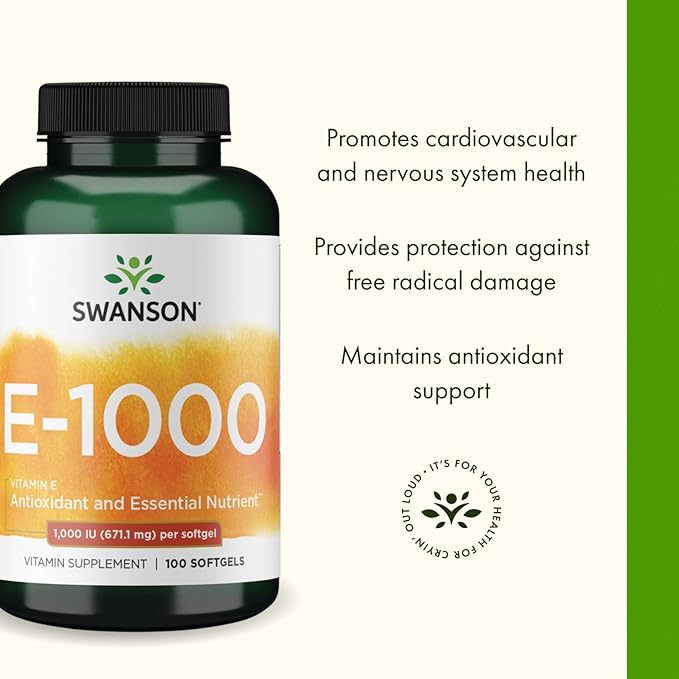 Swanson Vitamin E - Natural Vitamin Supplement Promoting Cardiovascular Health - Natural Formula Delivering Essential D-Alpha Tocopherols - (100 Softgels 1000 IU Each)