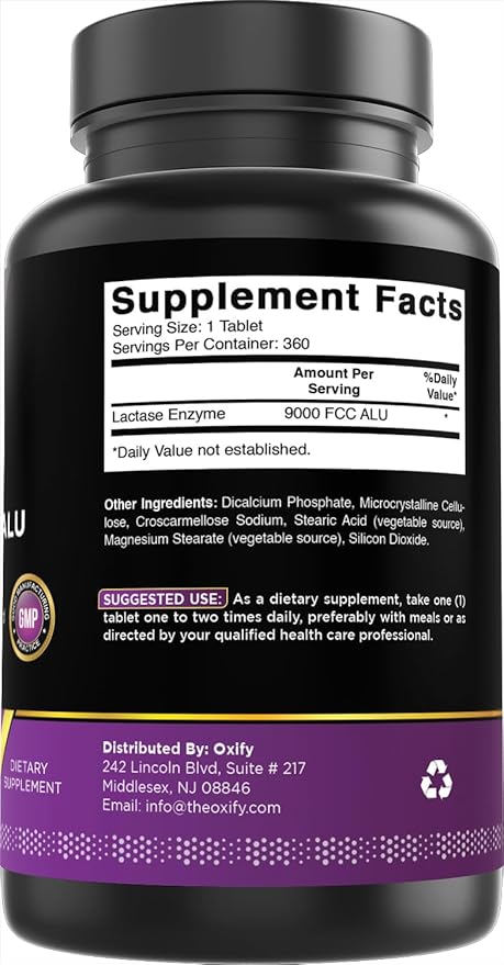 Oxify Lactase Enzyme 9000 FCC ALU | 360 Tablets | Gluten-Free Non-GMO | Supplement Made in USA