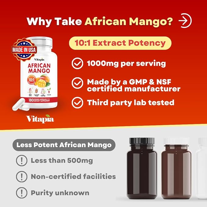 African Mango Capsules for Immune System Metabolism and Nutritional Wellness Support - Pure 10:1 Irvingia Gabonensis Extract - 180 Veggie Capsules Non-GMO Gluten-Free Vegan-Friendly