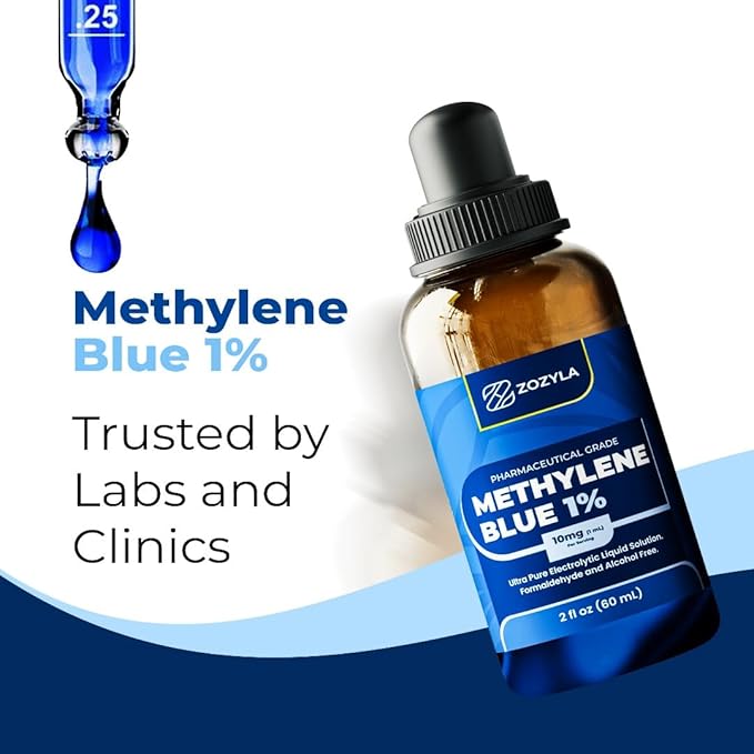 Methylene Blue 1% - Enhanced Liquid Solution for Increased Absorption - Pharmaceutical Grade 99.99% USP Grade No Formaldehyde No Alcohol No Gluten (2 Oz)