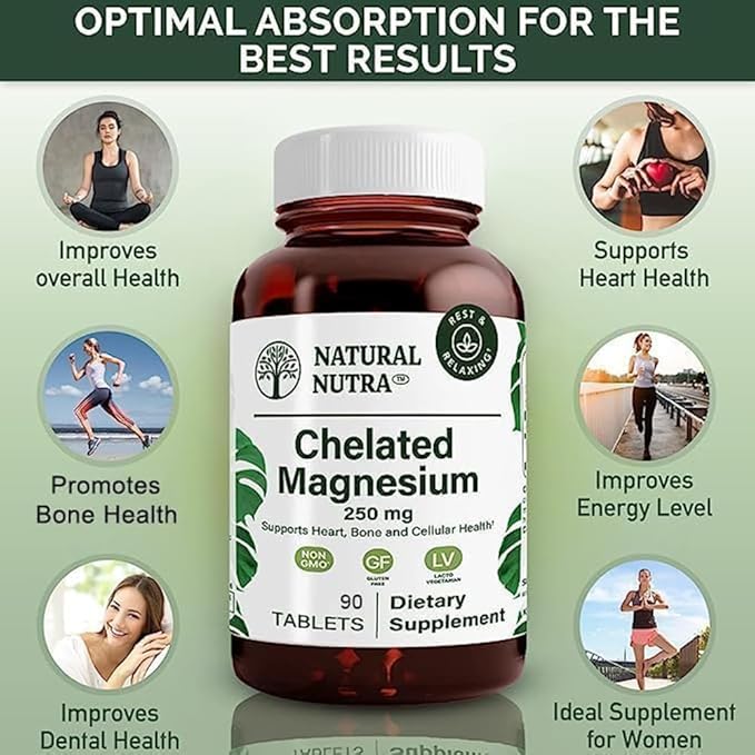 Natural Nutra Chelated Magnesium Oxide 250 mg - High Absorption for Strong Bones Heart Health Energy Boost Gluten-Free Non-GMO 90 Tablets (3 Pack) in BPA-Free Recyclable Glass Bottles