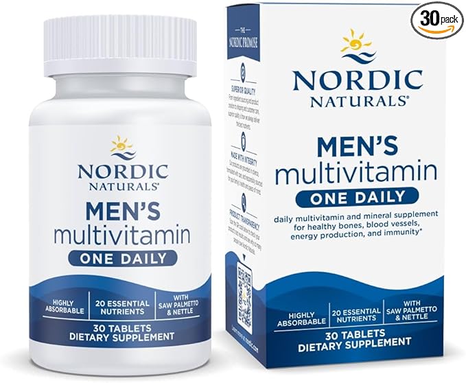Nordic Naturals Men’s Multivitamin One Daily - Bone Energy &amp Blood-Vessel Support - Immunity Supplement - 20 Essential Nutrients - 30 Tablets - 30 Servings
