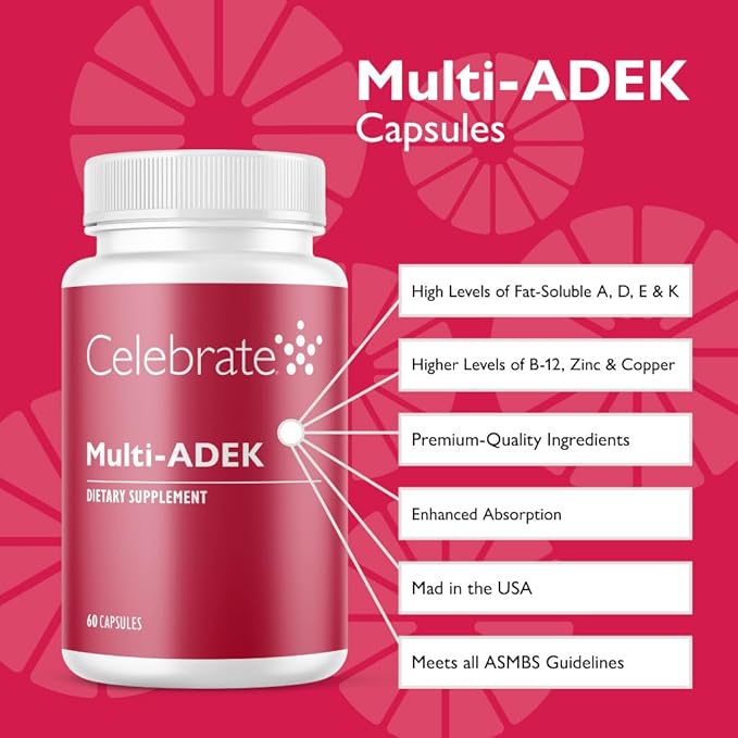 Celebrate Vitamins Multi ADEK Iron Free – Daily Bariatric Multivitamin High Level of Vitamins A D E K &amp B12 for Duodenal Switch Surgery Patients (60 Capsules)