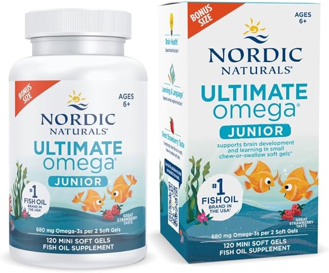Nordic Naturals Ultimate Omega Jr. Strawberry - 120 Mini Soft Gels - 680 Total Omega-3s with EPA &amp DHA - Brain Health Mood Learning - Non-GMO - 60 Servings