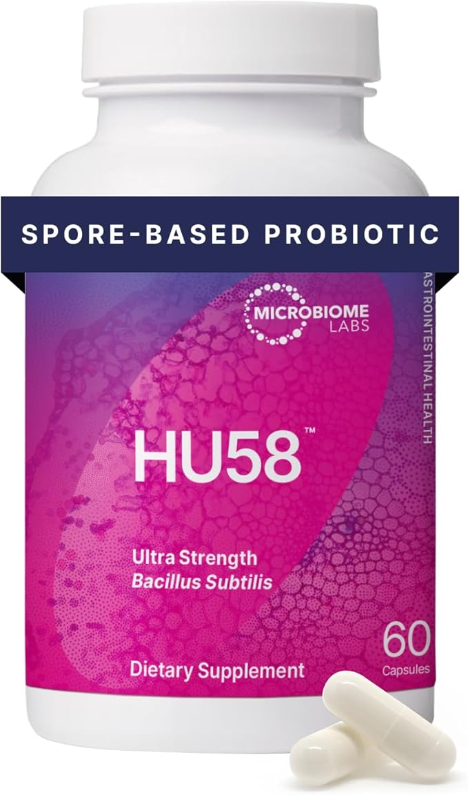 Microbiome Labs HU58 Bacillus Subtilis Probiotics for Women and Men - High Potency Spore Probiotic for Digestive Health &amp Immune Support - Daily Capsules with 10 Billion CFU (60 Capsules)