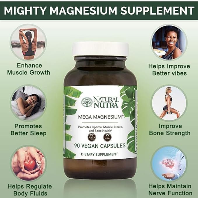 Natural Nutra Mega Magnesium 400mg Supplement - High Absorption Amino Acid Chelate Better Vibes Citrate Malate Blend for Muscle Growth Bone Strength Heart Health Nerve Support - 90 Capsules