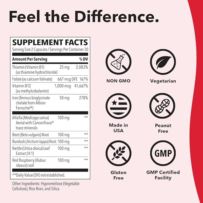 LifeSeasons Blood Nourish-R - Iron Deficiency Supplement - Supports Anemia Fatigue &amp Dizziness - No Constipation - Blood Building - Iron Beet Root Alfalfa Raspberry &amp Vitamin B-12-60 Capsu