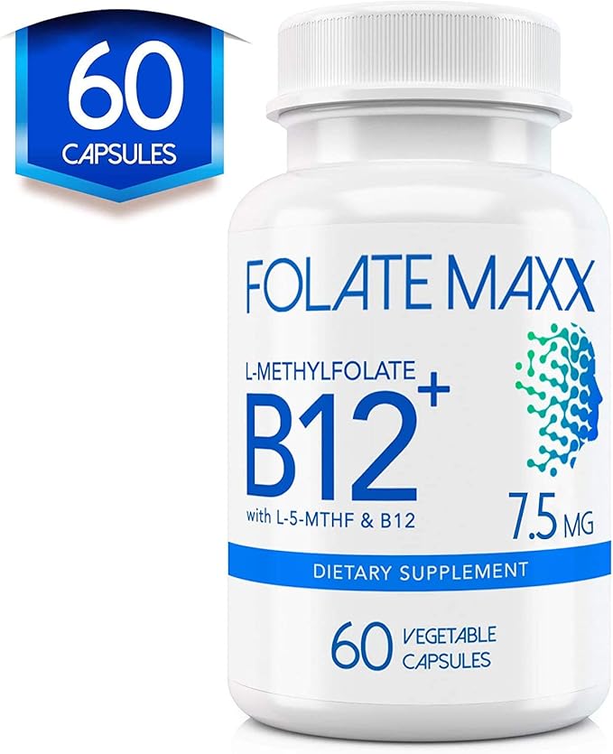 L Methylfolate 7.5mg Plus B12 Methyl - 60 Capsules - 5-MTHF with B12 Methylcobalamin Supplement for Mood Methylation and Cognition - Bioactive Forms of Vitamin B9 &amp B12-2 Month Supply