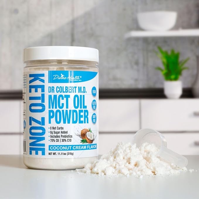 Dr. Colbert MD MCT Oil Powder | Coconut Cream Flavor | by Divine Health | Keto Zone | 75/C8 25/C10 | 0 Net Carbs | 30 Day Supply | 315g
